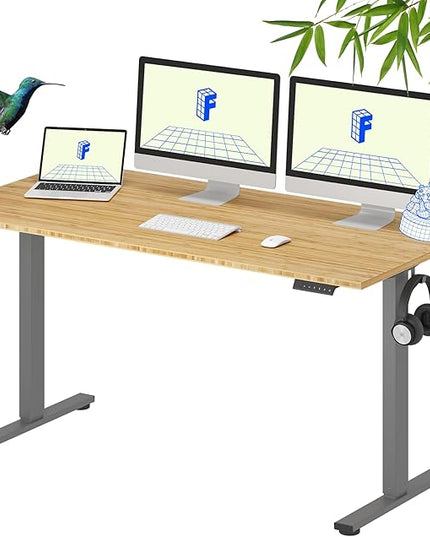 FLEXISPOT EN1 Bamboo Standing Desk, 60 x 30 Inches Whole-Piece Electric Adjustable Height Desk for Home Office (Silver Frame + Bamboo Top, 2 Packages)