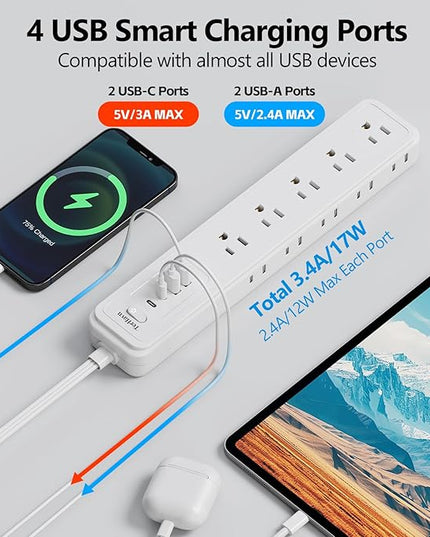 10Ft Power Strip Surge Protector - TerHavn Extension Cord with 15 AC Outlets and 4 USB Ports for for Home, Office, Dorm Essentials, 1080 Joules,15A 1875W UL, (White)