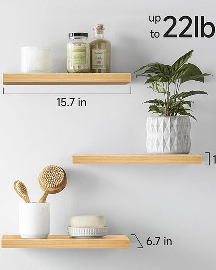 BAYKA Floating Shelves for Wall, 22.5 inches Wall Mounted Rustic Wood Shelves for Bathroom, Bedroom, Living Room, Floating Shelves for Books/Storage/Decor (Light Oak-Toned,Set of 3)