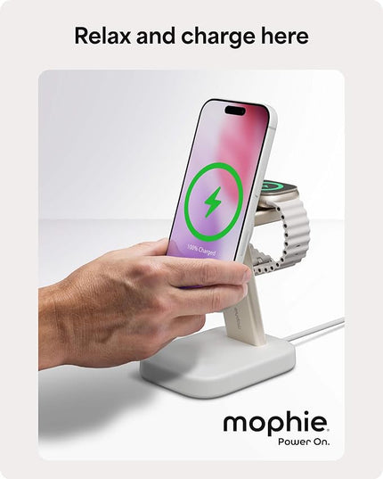 Mophie 2-in-1 Wireless Charging Stand - Qi2-Certified, MagSafe Charger for iPhone & Apple Watch – Fast Charging Station with Adjustable Phone Stand & Cable Management – Up to 15W Power