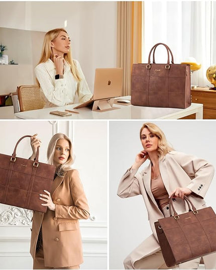 LOVEVOOK Laptop Bag for Women, 15.6 Inch Laptop Tote Bag, Vintage Leather Work Bags for Women, Waterproof Computer bag with Clutch Purse, Large Capacity Briefcase, Business Office Bag