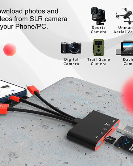 5-in-1 Memory Card Reader, USB OTG Adapter & SD Card Reader for i-Phone/i-Pad, USB C and USB A Devices with Micro SD & SD Card Slots, Supports SD/Micro SD/SDHC/SDXC/MMC(BlackRed)
