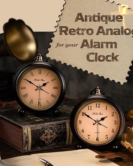 Hdisha Vintage Alarm Clock, 5 inch Battery Operated Silent Non Ticking Snooze Small Clock with Night Light, Old Fashioned Desk Clock Decor for Bedroom, Bedside, Living Room, Room (Roman)