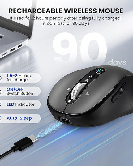 Wireless Bluetooth Mouse,Multi Device Ergo Computer Mouses,Metal 4-Way Super Scrolling,± 3200 DPI,10 Buttons,Plug&Play,Quiet,Rechargeable,USB Cordless Mice for Laptop,Tablet,Mac,iPad,PC,Phone (Grey)