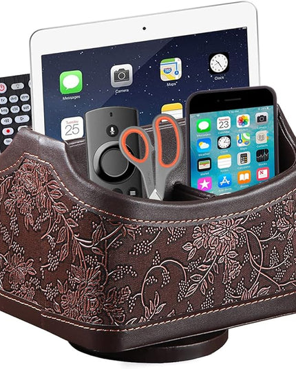 Arniche PU Leather Remote Control Organizer with 360° Spinning Design,Desk Organizer for TV Remote,Phone,Pen,Glasse,Mail,Tablet,Calculator,Controller-Home & Office Storage Caddy (Antique Brown) ﻿