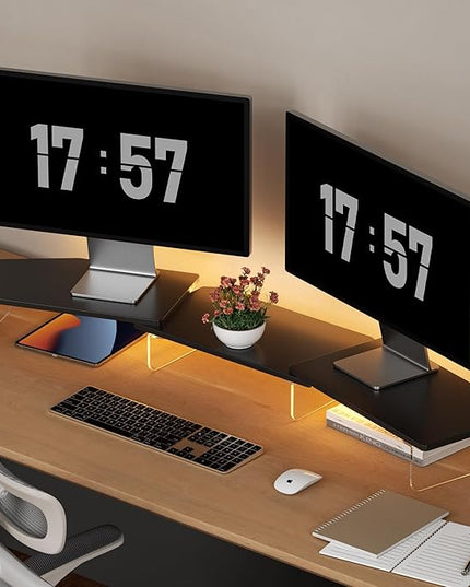 LED Dual Monitor Stand Riser for 2 Monitors, Office Desktop Wooden Stand Adjustable Length and Angle 3 Shelf, Extra Long Multifunctional Stand up to 44.4" for Computer, Laptop, TV, Black