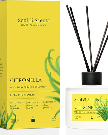 Soul & Scents Reed Diffuser Set – Citronella | 7.43 oz Refillable Scented Oil with 6 Fiber Sticks | Long-Lasting Home Fragrance & Air Freshener for Bedroom, Bathroom, Office | Gift & Décor Piece