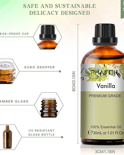 Vanilla Essential Oil, 1.01Fl.Oz (30ML) PHATOIL Pure Essential Oil Singles for Aromatherapy Diffusers, Humidifiers, Great for DIY Candle and Soap Making, Gift for Friend