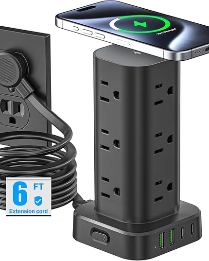 Tower Power Strip with 15W Wireless Charger, 6FT Flat Plug Extension Cord with Multiple Outlets, 12 AC Outlets, 4 USB Ports (2 USB C) Charging Station Surge Protector for Office Home Dorm Room (Black)