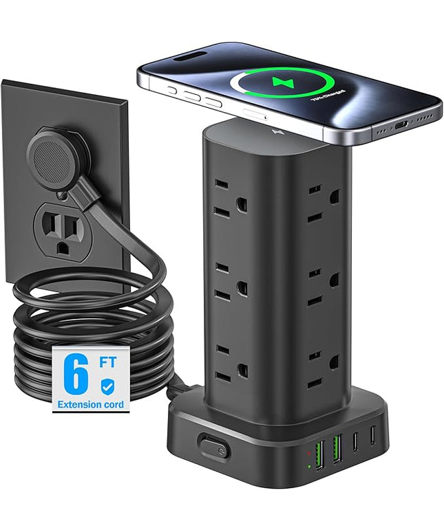 Tower Power Strip with 15W Wireless Charger, 6FT Flat Plug Extension Cord with Multiple Outlets, 12 AC Outlets, 4 USB Ports (2 USB C) Charging Station Surge Protector for Office Home Dorm Room (Black)