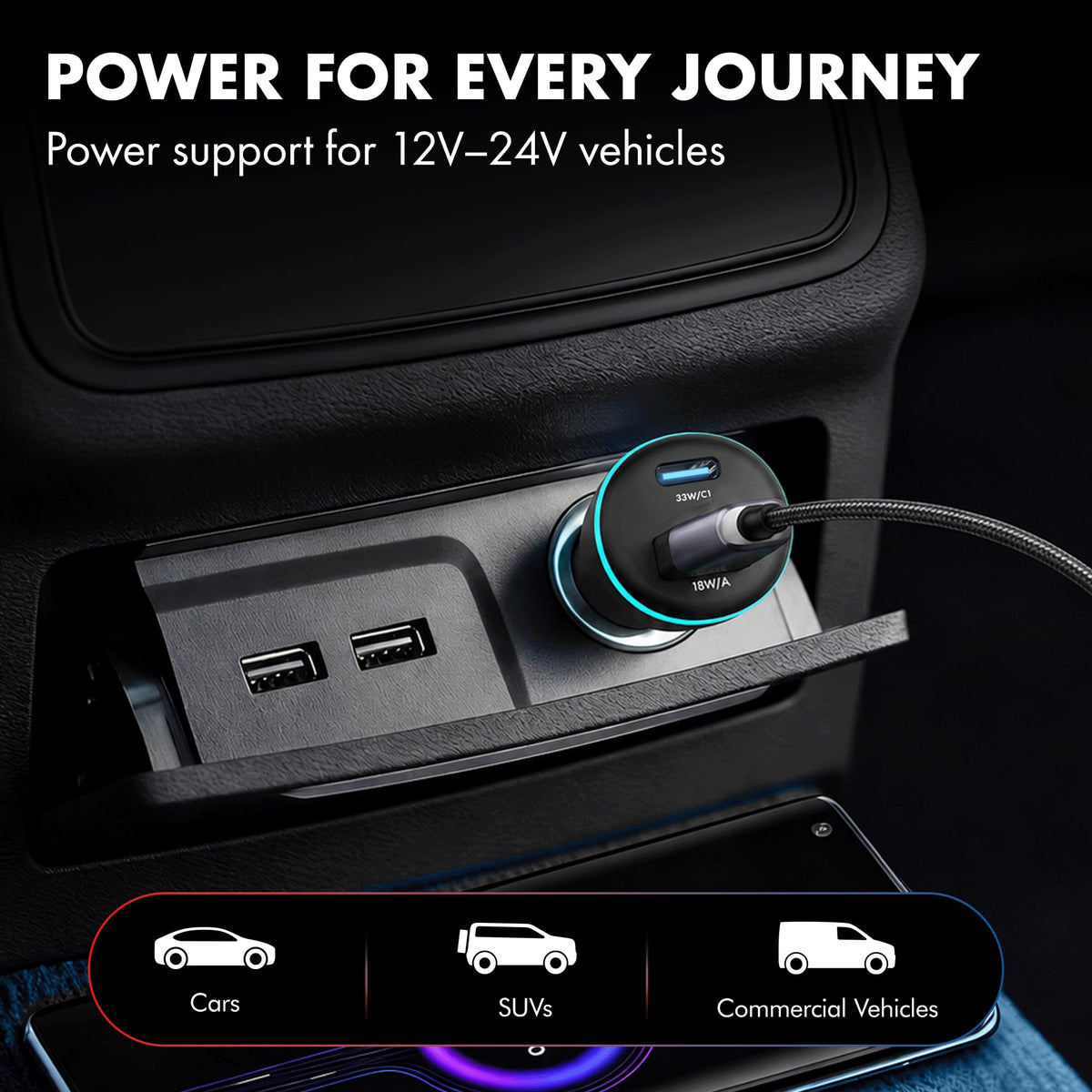 PD 51W Superfast Charging Wozoyo Car Charger, with Type C and USB A, Power Delivery, PPS & QC 3.0, Dual Port (33W + 18W), 12V–24V Compatible, Multi-Layer Protection, 2-Years Manufacturer Warranty