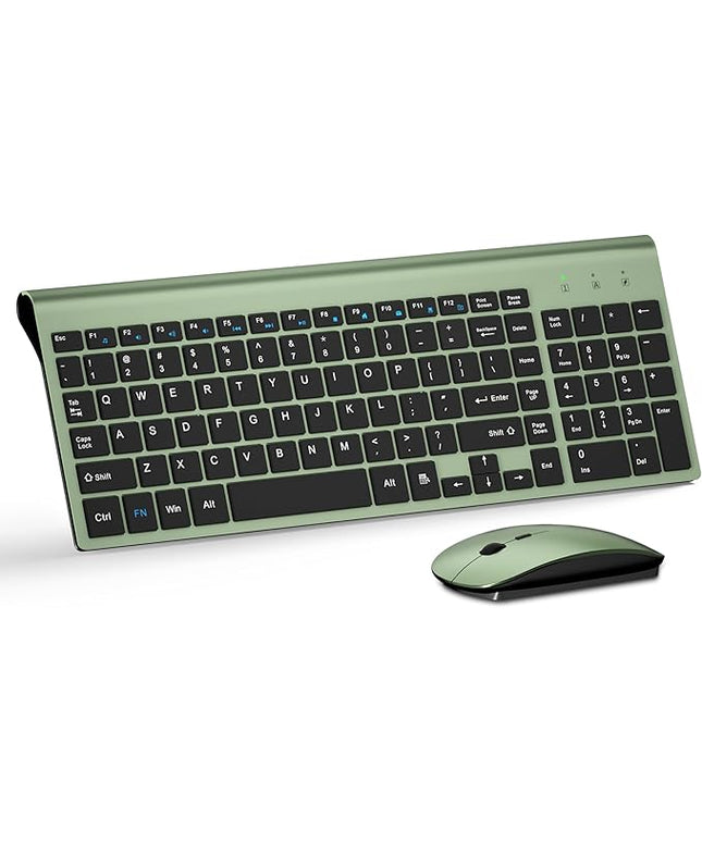 Wireless Keyboard and Mouse Ultra Slim Combo, TopMate 2.4G Silent Compact USB 2400DPI Mouse and Scissor Switch Keyboard Set with Cover, Batteries Included, for PC/Laptop/Windows/Mac - Green Black