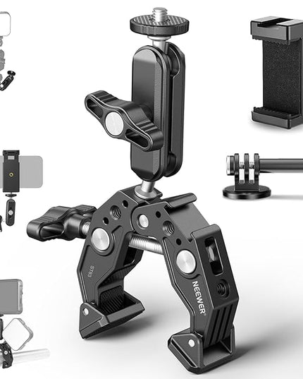 NEEWER Super Clamp with 3" Dual Ballhead Magic Arm, Cold Shoe, 1/4" Threads, Phone/Action Camera Mount Adapter for Desk Tripod Tube Crossbar Gimbal Rods Compatible with SmallRig GoPro DJI, ST83