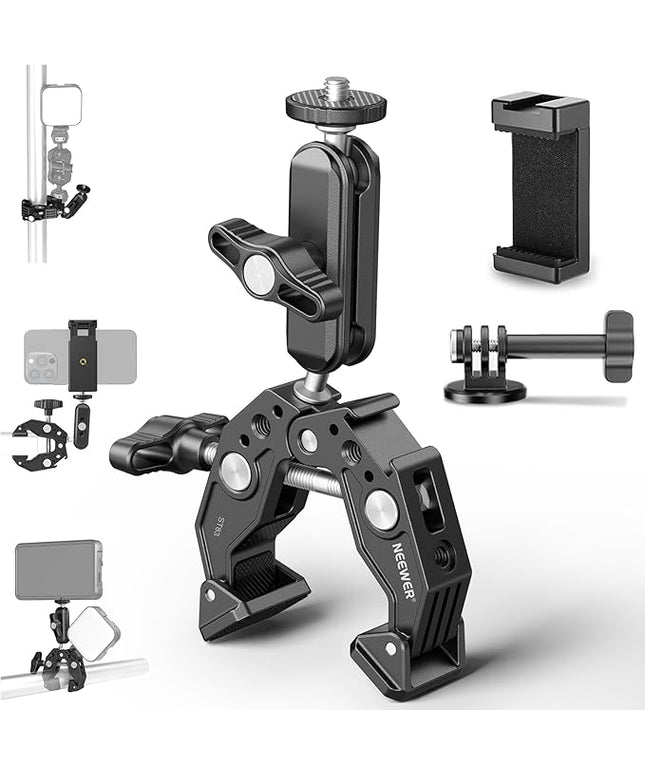 NEEWER Super Clamp with 3" Dual Ballhead Magic Arm, Cold Shoe, 1/4" Threads, Phone/Action Camera Mount Adapter for Desk Tripod Tube Crossbar Gimbal Rods Compatible with SmallRig GoPro DJI, ST83