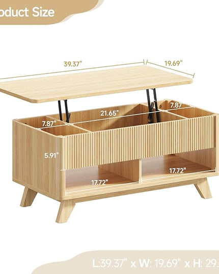 ONBRILL Farmhouse Lift Top Coffee Table, Mid Century Modern Coffee Table with Hidden Storage Compartment, Fluted Rising Pull up Wood Modern Center for Living Room, Office, Natural
