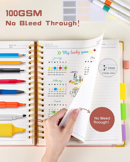 Hardcover Spiral Notebook Journal with Removable Dividers Tabs, 300 Pages Leather 5 Subject Notebook College Ruled, 8"x10" Large B5 Notebooks for Work School Note taking, Lined Journal for Women, Pink