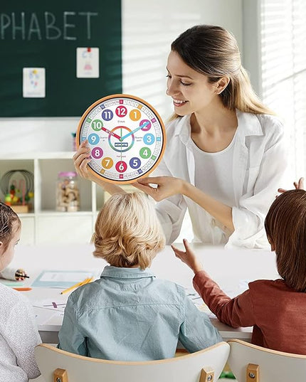 Kids Wall Clock for Bedroom, 10 Inch Round Multi-Colored Learning Clock, Children's Silent Analog Non-Ticking Educational Wall Clock for Boys and Girls Home Decor