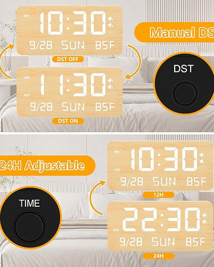 Fomobest Wooden Digital Alarm Clock for Bedroom -Desk Clock with Date, Day of Week, Temperature, Dual Alarms, Dimmer, USB Port Charge, DST, Adjustable Volume for Living Room/Office Wood Decor (Bamboo)