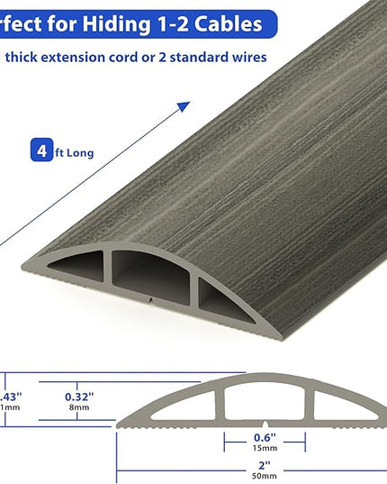 Floor Cord Cover 4ft, Gray Oak Wood Wire Hider Hide Extension Cords, Floor Cable Management Cover, PVC Cable Protector Cord Cavity W0.6in x H0.32in