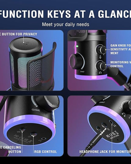 FIFINE USB Streaming Microphone Kit for Gaming, Condenser Mic with RGB, Noise Cancellation, Game/Chat Dial-Plug & Play for PC Twitch/YouTube/Podcast, Includes Boom Arm & Pop Filter-AmpliGame AM6T