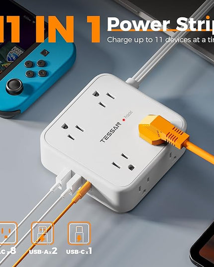 Surge Protector Power Strip, TESSAN 15 FT White Extension Cord Flat Plug with 8 AC Outlets 3 USB Ports (1 USB C), 900J Surge Protection, 3 Sided Wall Mountable Outlet Extender for Office Dorm Room