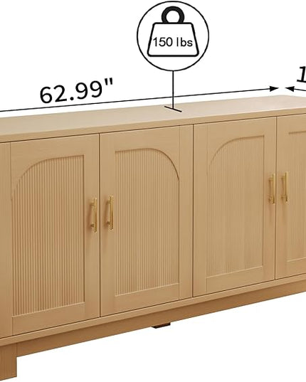 Maggym 63" Sideboard Buffet Cabinet with Storage, 4-Door 2-Tier Storage Cabinet, Multi-Use Organizer for Living Room & Dining Room, Oak