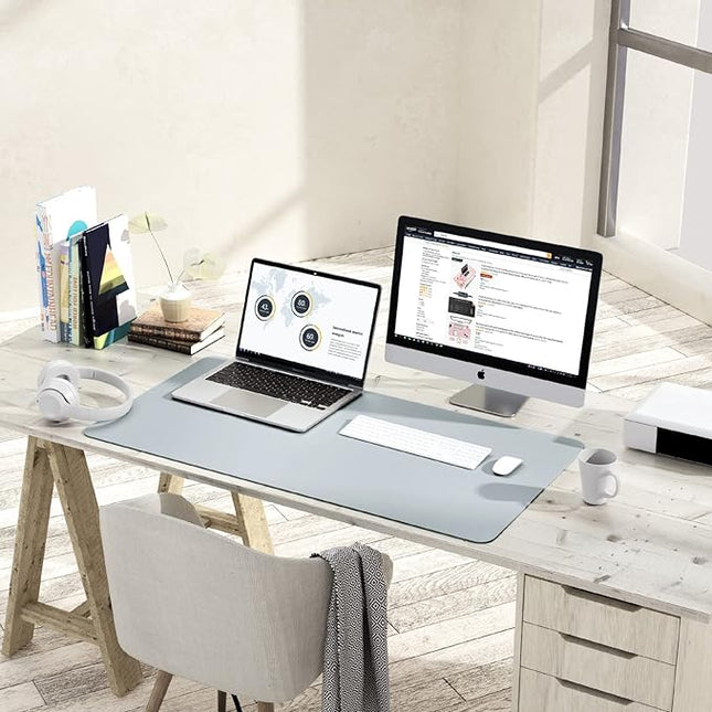 YSAGi Non-Slip Leather Desk Pad, Waterproof Laptop Computer Desk Keyboard Mat, Table Protector Blotter Mat, Large Mouse Pad for Office/Work/Home/Decor(Silver-Grey, 31.5" x 15.7")