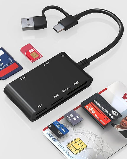 USB C/A SIM Card Adapter Smart Card Reader - 7 in 2 CAC Reader Military & MS Pro Duo/SD/TF/M2/ID/IC/PIV/SIM Card Reader, Memory Stick Pro Duo Adapter CAC Card Reader USB C for Windows, Linux, MacOS
