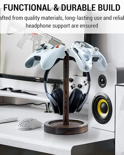 MyGift Industrial Matte Black Metal Headphone Stand with Burnt Wood Tray – Desktop Headset and Gaming Controller Holder for Office, Studio, or Console Setup