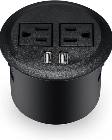 Kungfuking Desktop Power Grommet Power Outlet Socket Desk Data Center 2 Outlet with 2 USB Ports with 10 FT Extension Cord Black