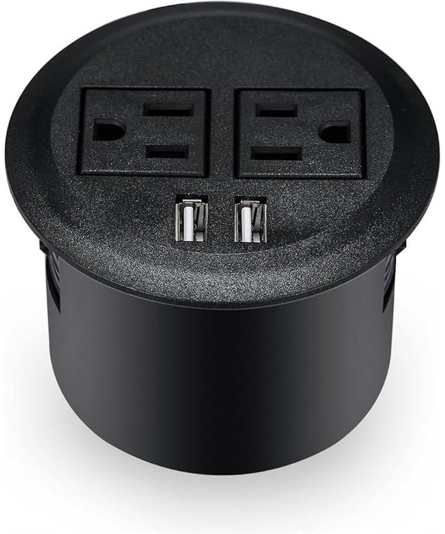 Kungfuking Desktop Power Grommet Power Outlet Socket Desk Data Center 2 Outlet with 2 USB Ports with 10 FT Extension Cord Black