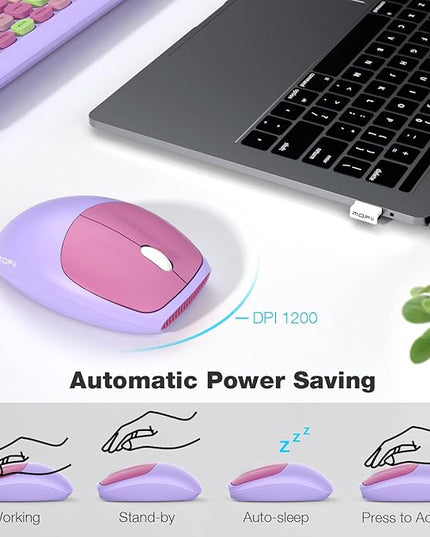 MOFII Wireless Keyboard and Mouse Combo, 2.4G Silent Cordless Slim Full Size Keyboard and Ergonomic Mice Set for Laptop, Desktop, MacBook, PC - Purple Colorful