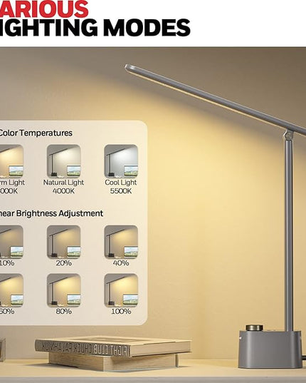 Honeywell HWT-H01 LED Desk Lamp Stepless Dimmable Table Lamp with USB A+C Dual Charging Port Eye-Caring Foldable Desk Light with 3 Color Modes for Home Office Bedroom Reading Study Sunturalux (Gray)