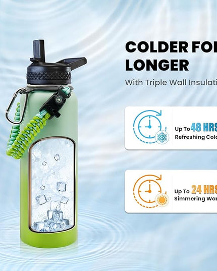 Insulated Water Bottle 40 oz, Triple Wall Vacuum Stainless Steel (Cold for 48 Hrs), Leak Proof & Non-BPA, Modern Water Flask Jug with Paracord Handle & Straw Spout Lids, Ombre Green