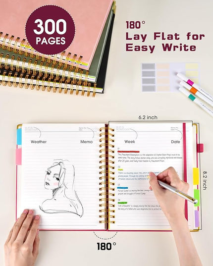 Hardcover Spiral Notebook journal with Removable Dividers Tabs, 300 Pages Leather 5 Subject Notebook College Ruled, 100GMS A5 Notebooks for Work School Note taking,Lined Journal for Women,A5-Rose