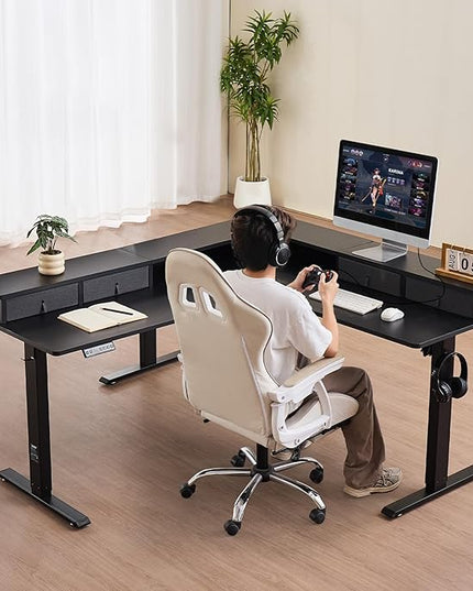 VEVOR 63'' Electric L Shaped Standing Desk, 3 Memory Height, 2-Tier Corner Table with 4 Drawers Storage, 2 Hooks & Cable Hole, Heavy Duty Carbon Steel Sit Stand Computer Workstation, Easy to Assemble