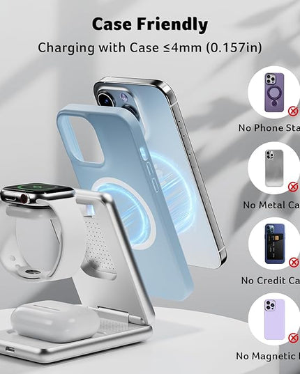 Acer 3 in 1 Charging Station for iPhone, Wireless Charger Stand,15W Fast MagSafe Charger for iPhone 17 16 15 14 13 12 Series-Apple Watch 10 9 8 7 6 5 4 3 2 SE and Ultra Series-Airpods 4 3 2 Pro Series