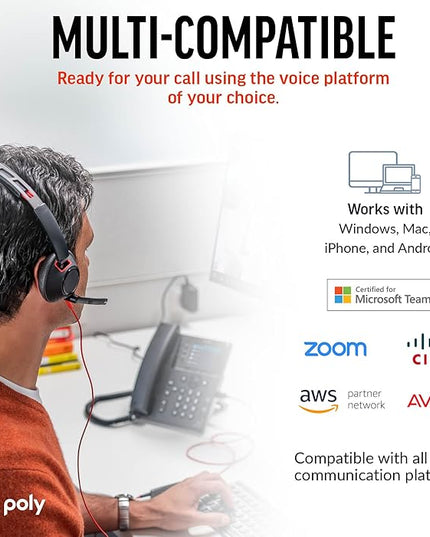 Poly Blackwire 5220 Wired Headset - Flexible Boom Mic - Noise Cancelling Headphones with Mic - USB-C, USB-A, 3.5mm - Ergonomic Over-Ear Design - Works with Microsoft Teams, Zoom - Work from Home