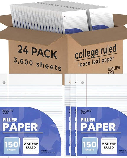 Loose Leaf Paper College Ruled Notebook Paper College Ruled Lined Writing Filler Paper 10.5” x 8” 3600 Sheets 150 Sheets Per Pack 60 gsm (24 Pack)