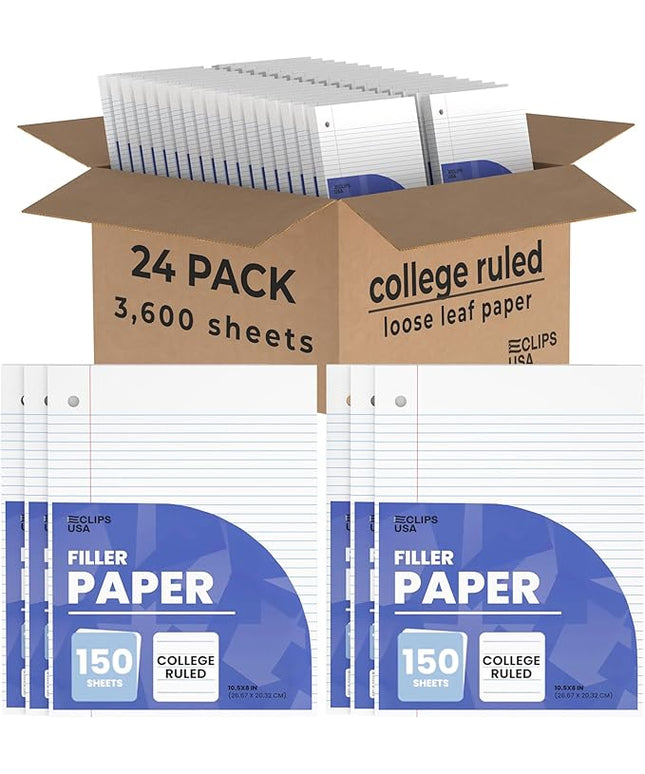Loose Leaf Paper College Ruled Notebook Paper College Ruled Lined Writing Filler Paper 10.5” x 8” 3600 Sheets 150 Sheets Per Pack 60 gsm (24 Pack)