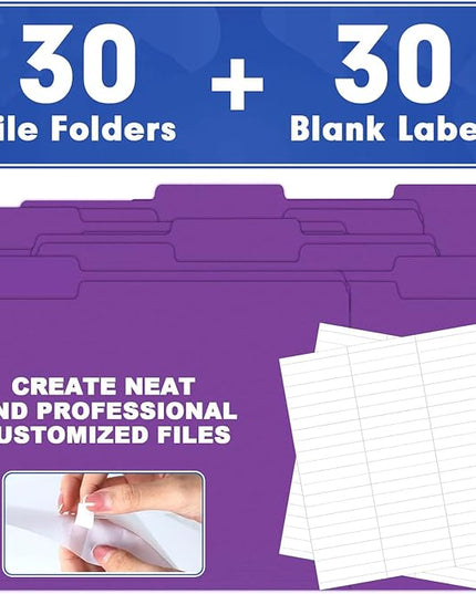 File Folder, HERKKA 30 Pack 1/3 Cut Tab File Folders, File Folders Great for Organizing and Filing, Letter Size, Purple