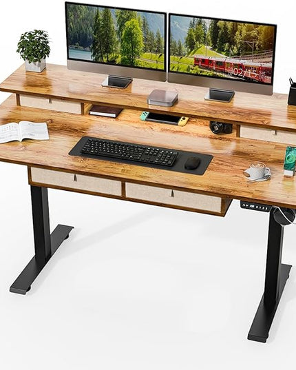 Kingant Standing Desk with Drawers & USB Charging Port, 63" x 30" Height Adjustable Home Office & Gaming Desk, Sit Stand Desk with Built-in Storage Shelf, Hook & Ergonomic Design(Light Rustic)
