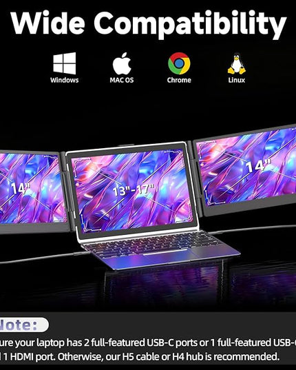 DZVW Triple Laptop Screen Extender, Upgraded 14" 1080P FHD IPS Laptop Monitor Extender, Plug & Play LCD Type-C/USB-A/HDMI Travel Monitor for Laptops 13"-17", Fits Windows Mac Linux Chrome