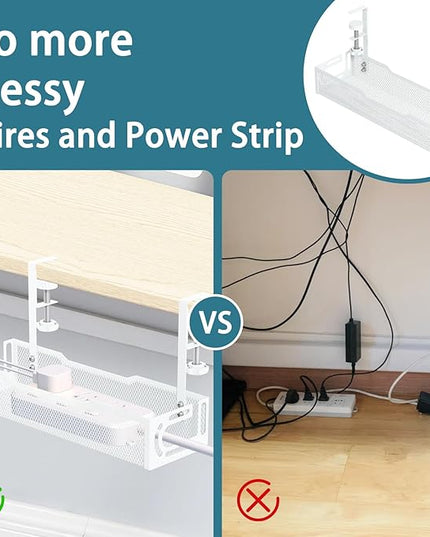 2Pack Under Desk Cable Management Tray, No Drill Mesh Desk Cable Tray, Wire Management Tray Cable Management Rack, Wire Organizer and Cable Management Box (White)