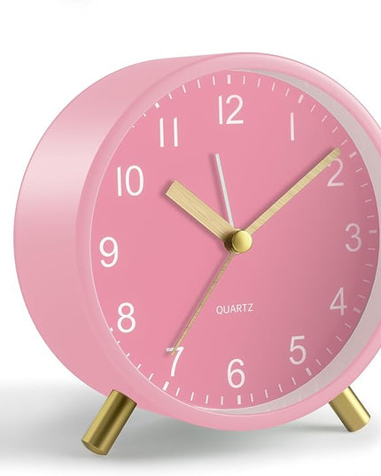Analog Alarm Clock, 4 inch Super Silent Non Ticking Small Clock with Night Light, Battery Operated, Simple Design, easy setting for Office, Bedroom, Bedside, Desk, teens, elders, kids, adult, Pink