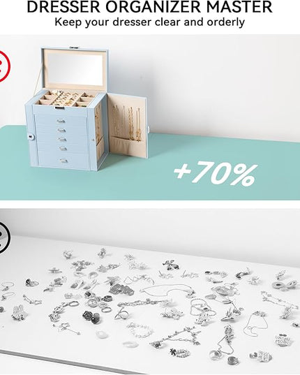 Frebeauty Large Jewelry Box,6-Tier PU Leather Jewelry Organizer,Multi-functional Storage Case with Mirror,Accessories Holder with 5 Drawers for Necklace Bracelets Watches(Sky Blue)