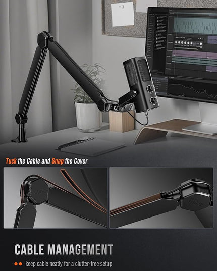 FIFINE Mic Arm Stand, Microphone Boom Arm with Desk Clamp, Cable Channels, 3/8" to 5/8" Threads, Heavy Metal Microphone Stand for Podcast, Vocal Recording, Gaming-BM66 Black