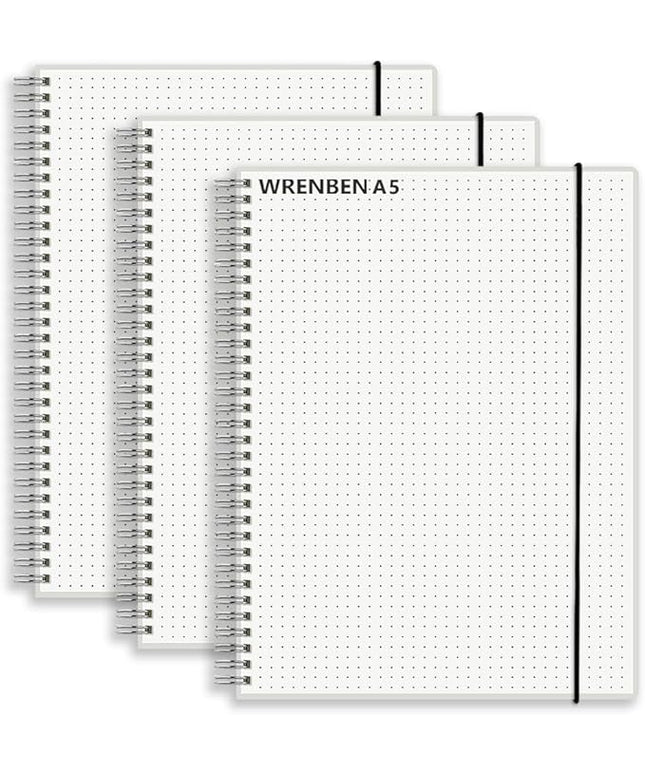 Bullet Journal Dotted Spiral Notebooks with 120 GSM Thick Paper, Elastic Band and Waterproof Cover, Total 480 Pages, 5.7''×8.3'' Medium Size Dot Paper Note Book for Work School (3 Pack, A5)