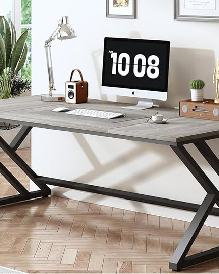 HSH 70.8 Modern Office Desk, Large Long Wood Metal Computer Desk, Industrial Double Executive Desks for Two People, Rustic PC Workstation Work Study Writing Computer Table for Home, Light Grey Oak