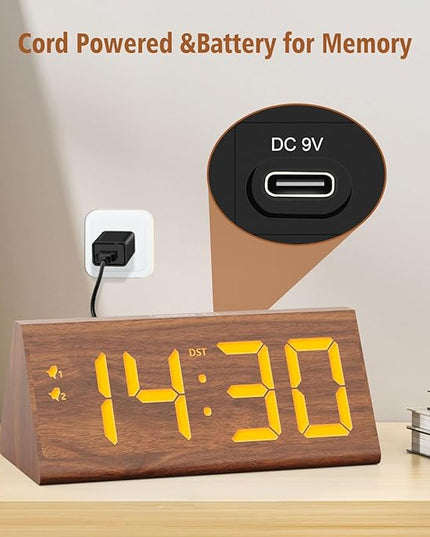 fomobest Wooden Digital Alarm Clock with Dual USB Charging Ports, DST, Dimmable, Snooze, Modern Large Time Display LED Clock for Kids Bedrooms, Living Room, Desk, Table, Bedside, Nightstand (Brown)